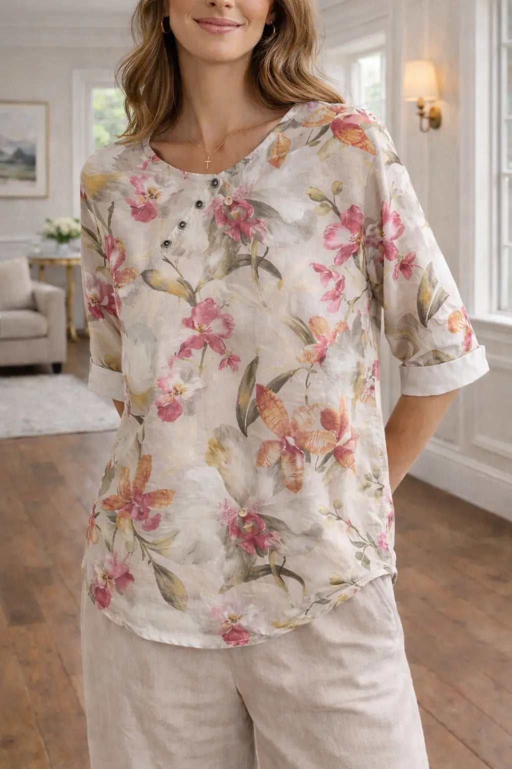 Bluse dame botanisk blomsterprint knapkrave bomuldsblanding relaxed hverdag sommer Panorla
