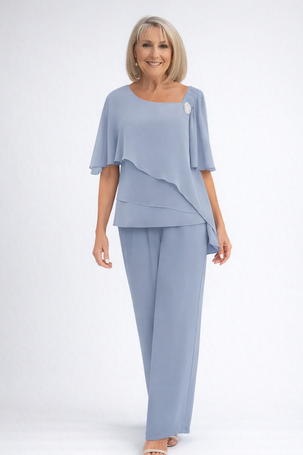 Women's Chiffon 2 Piece Outfit – Mother of the Bride Pants Set | Wedding Guest Formal Occasion Wear – Dusty Blue