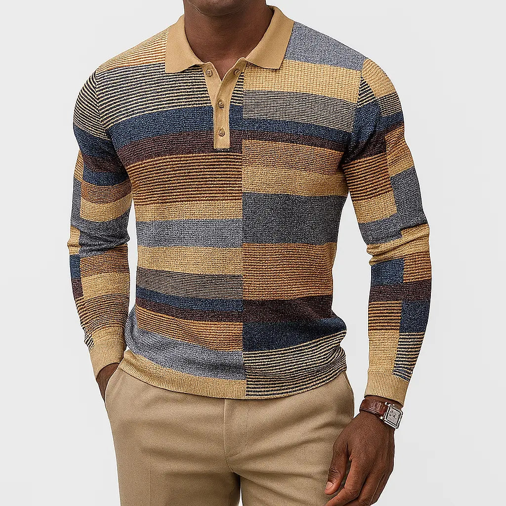 Langærmet Poloshirt Mænd | Struktureret Bomuldsblend med Tre Knapper | Komfortabel og Stilfuld til Overgangssæson 2