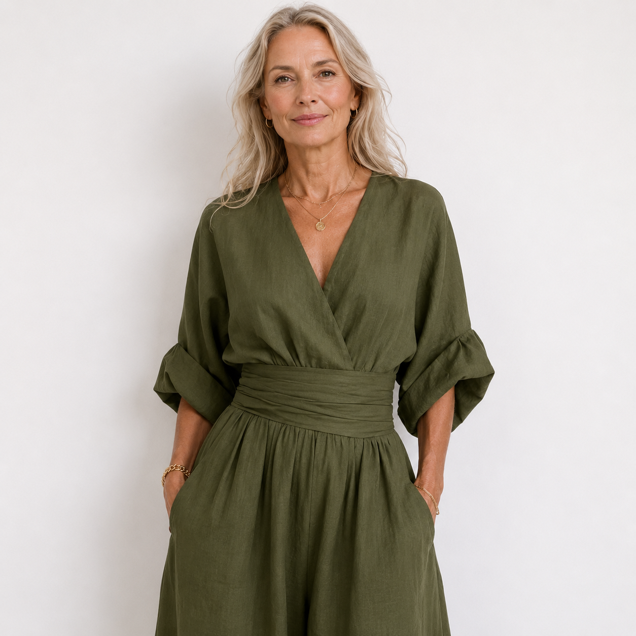 Wide-Leg Jumpsuit Women – V-Neck Cinched Waist Linen-Look Jumpsuit