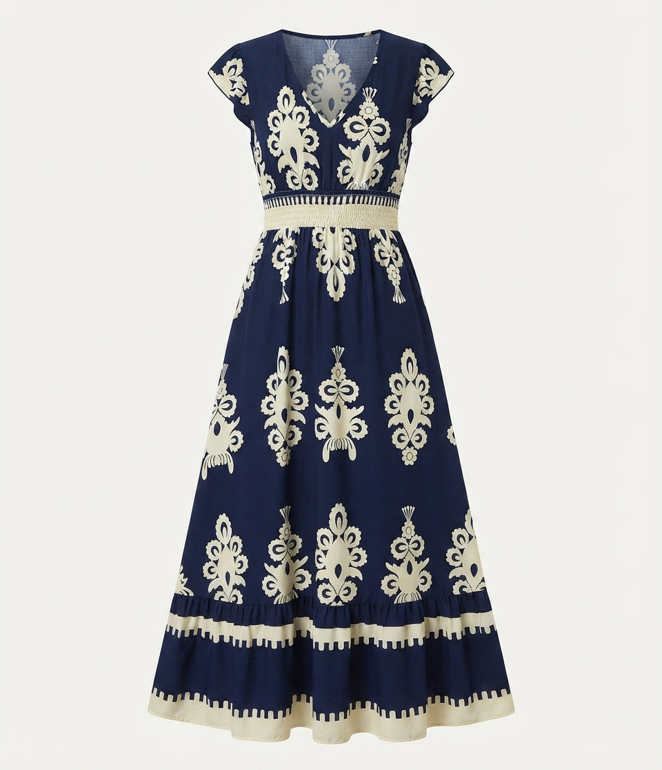 Blomstret Maxikjole Dame V-Hals – Lang Sommerkjole