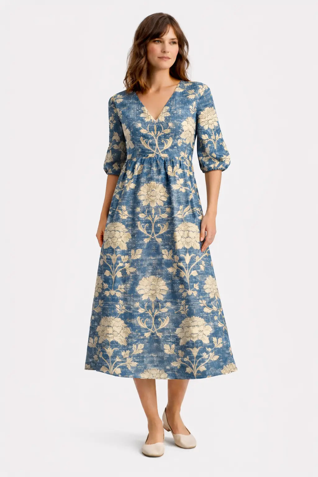 Midi kjole dame blå abstrakt print relaxed fit med lommer Panorla
