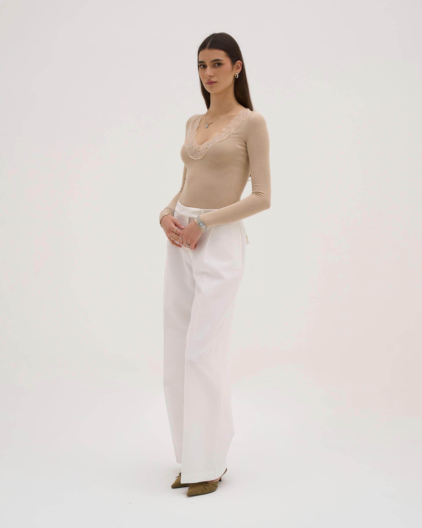 Long Sleeve Lace Top Women – Scalloped Neckline Stretch Cotton, Beige