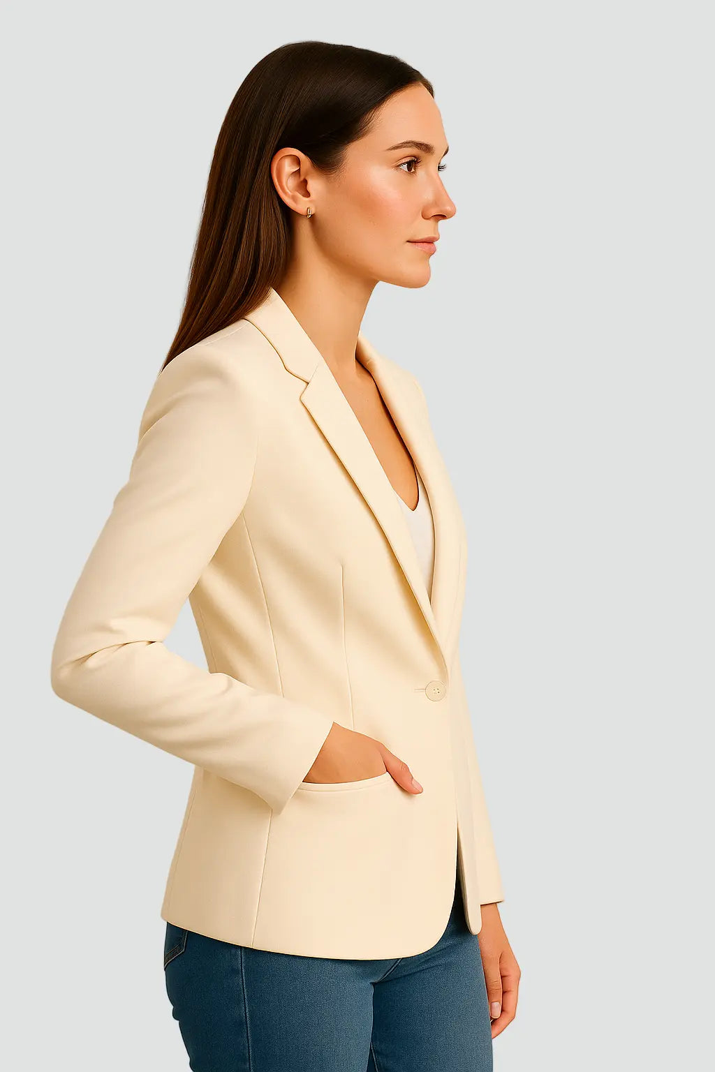 Elise Lang Blazer Dame – Taljesnit med Klapkrave og Klaplommer Panorla