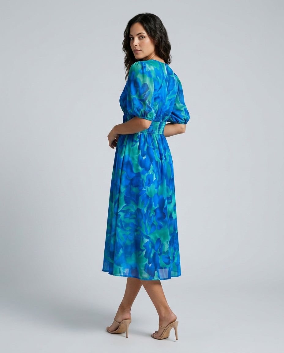 Puff Sleeve Midi Dress Women – V-Neck Pleated Abstract Dress
