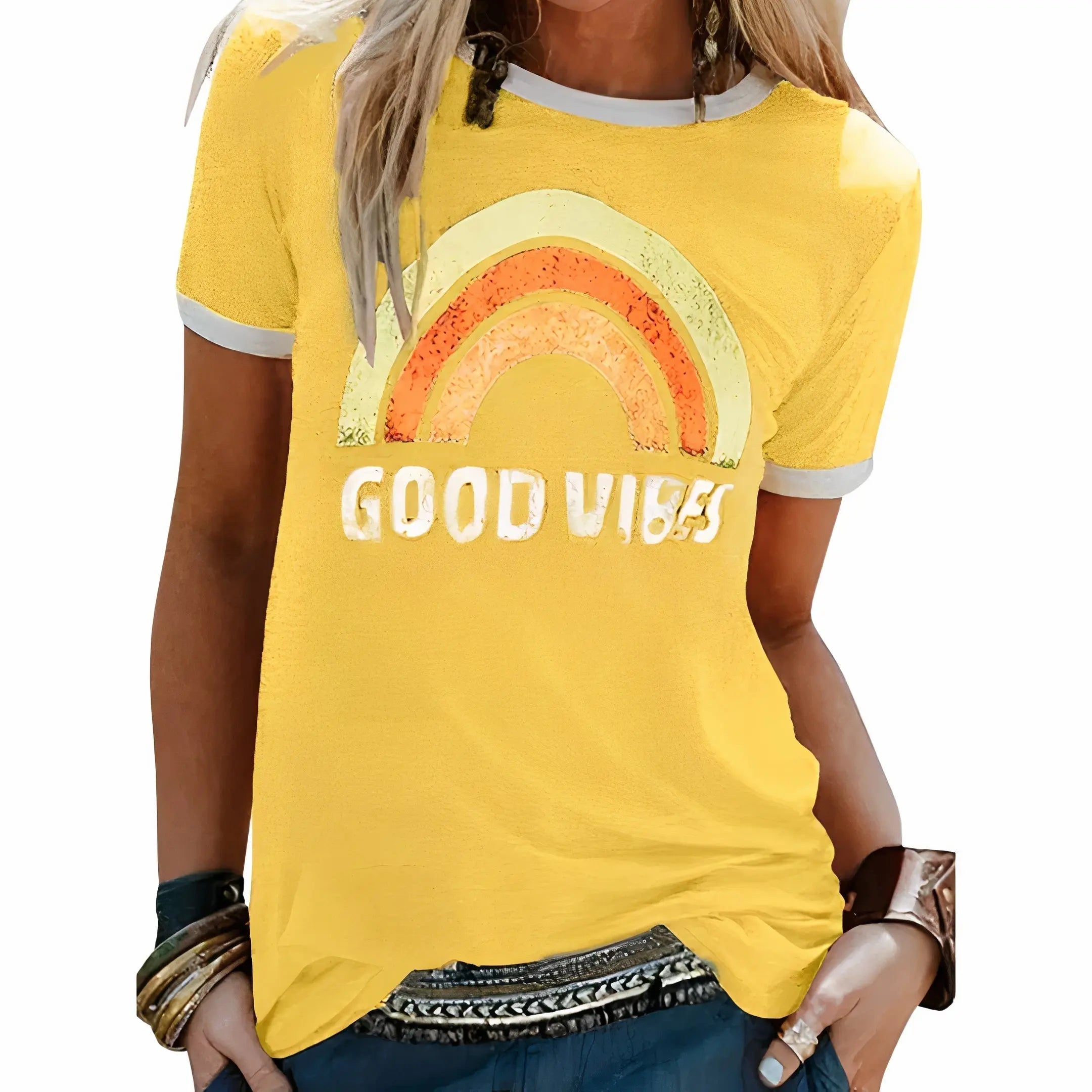 Frida T-shirt Dame med Retro Print – Bomuld med Kontrastkant Panorla