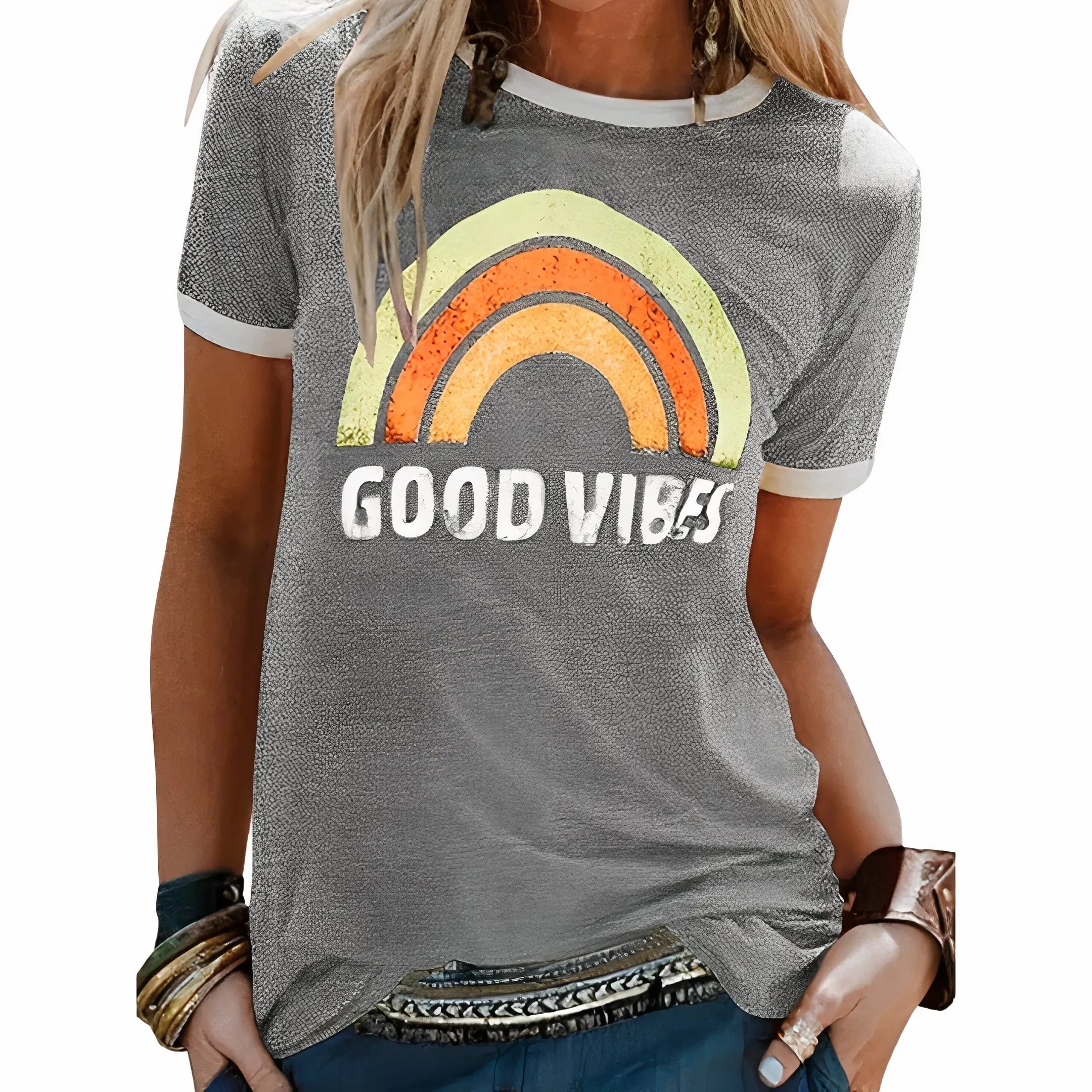 Frida T-shirt Dame med Retro Print – Bomuld med Kontrastkant Panorla