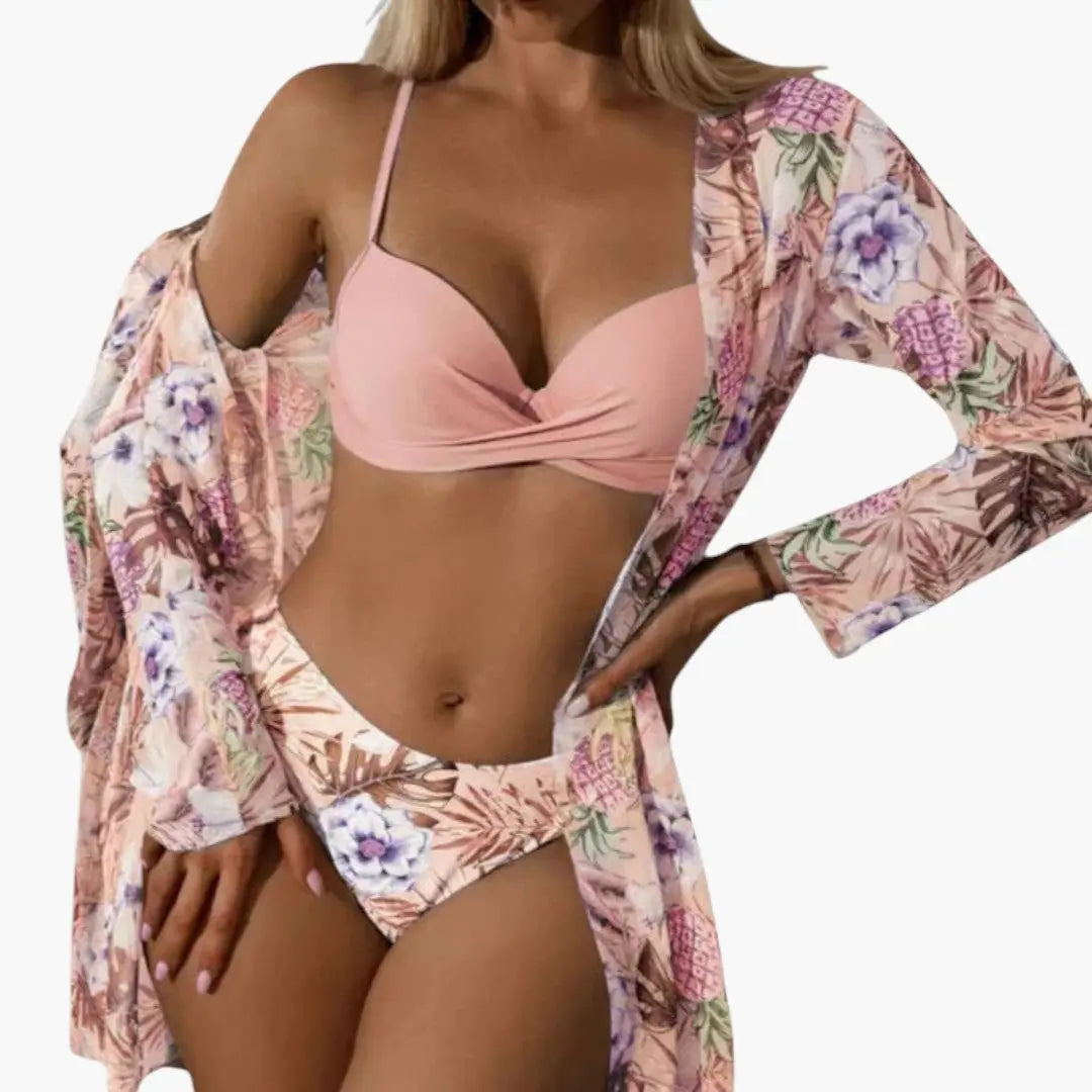 Noora | Høj Talje Bikini Sæt med Justerbare Stropper & Let Kimono | Fleksibel Styling til Strand 1