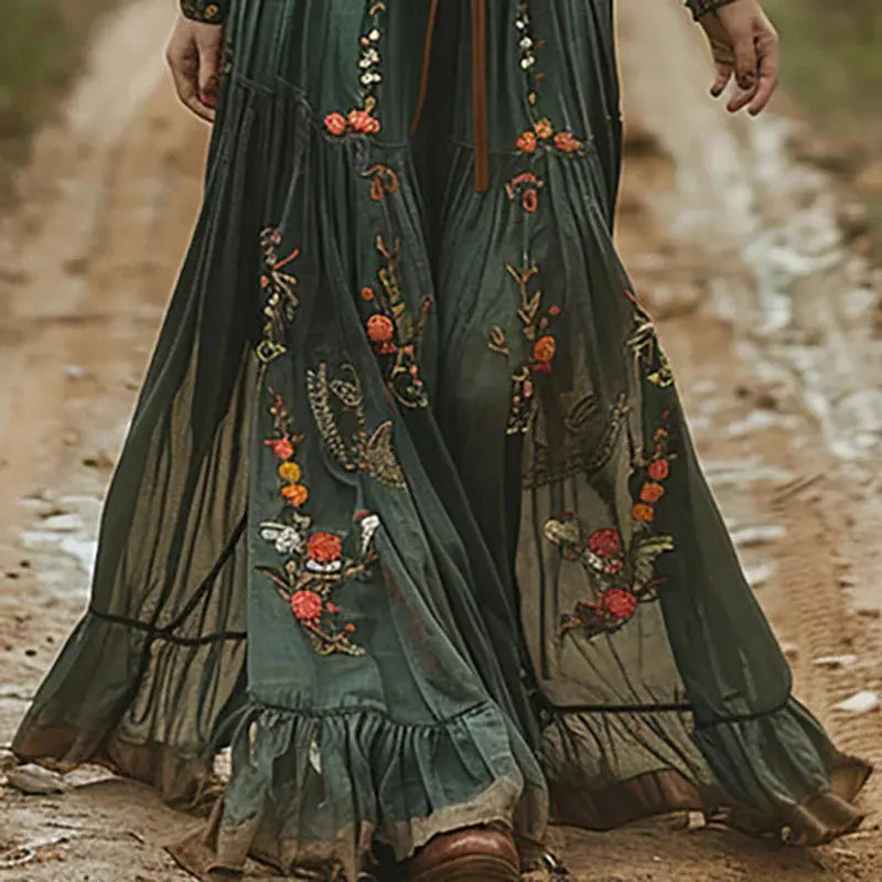 Selvara Boho Maxikjole Dame – Blomsterprint Plisseret med Knapper Panorla