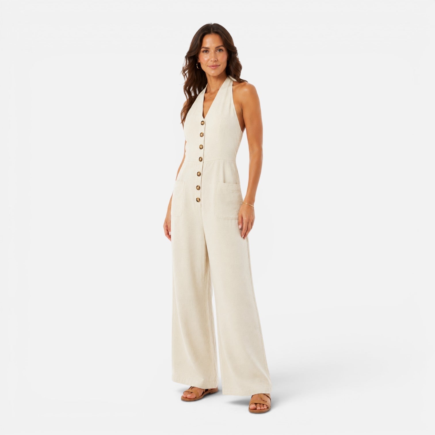 Mira | Halter Buksedragt Dame i Beige Viskose med Vide Ben | Elegant Jumpsuit til Sommerfester 4