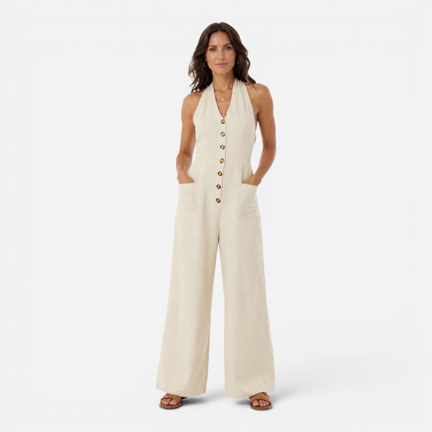 Mira | Halter Buksedragt Dame i Beige Viskose med Vide Ben | Elegant Jumpsuit til Sommerfester 6