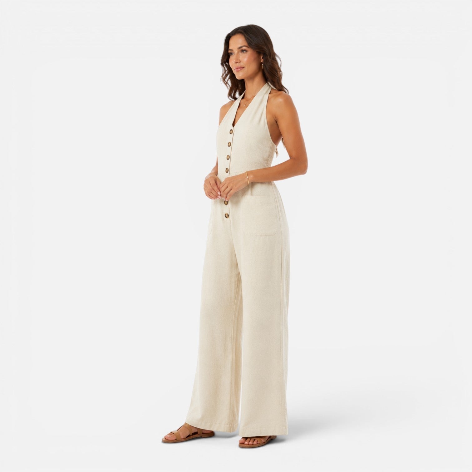 Mira | Halter Buksedragt Dame i Beige Viskose med Vide Ben | Elegant Jumpsuit til Sommerfester 7