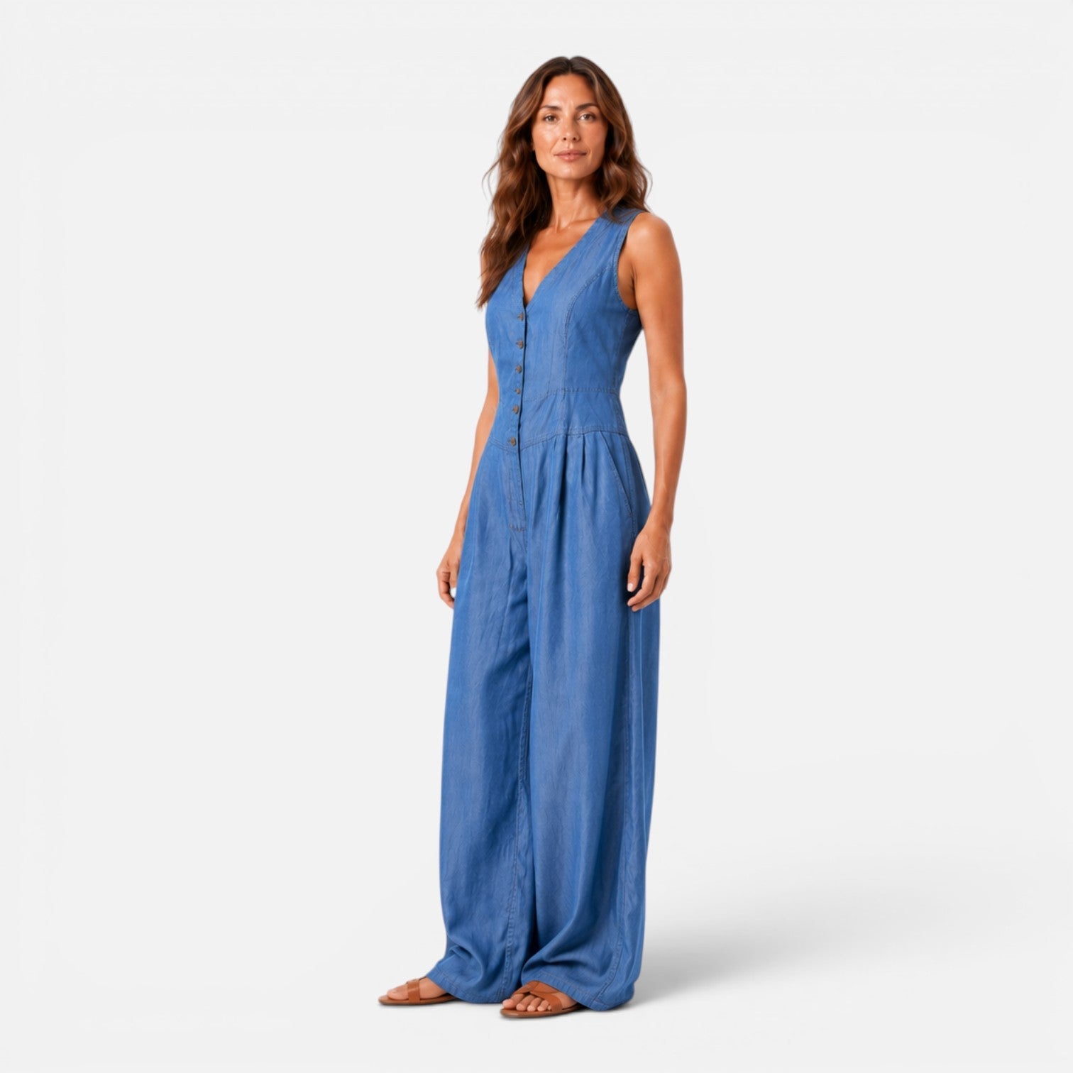 Sigrid | Denim Buksedragt Dame med V-Hals og Vide Bukseben | Komfortabel One-Piece til Sommer 3