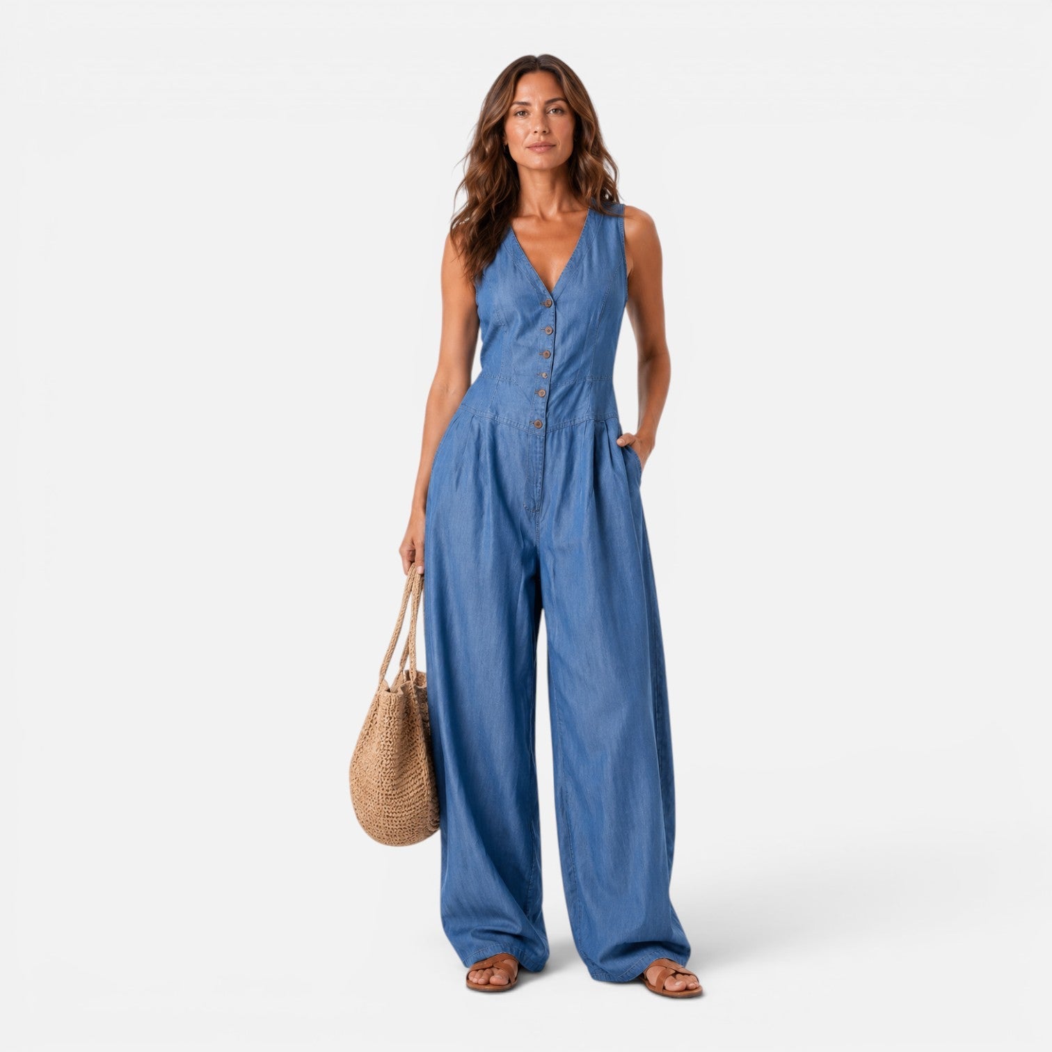 Sigrid | Denim Buksedragt Dame med V-Hals og Vide Bukseben | Komfortabel One-Piece til Sommer 4