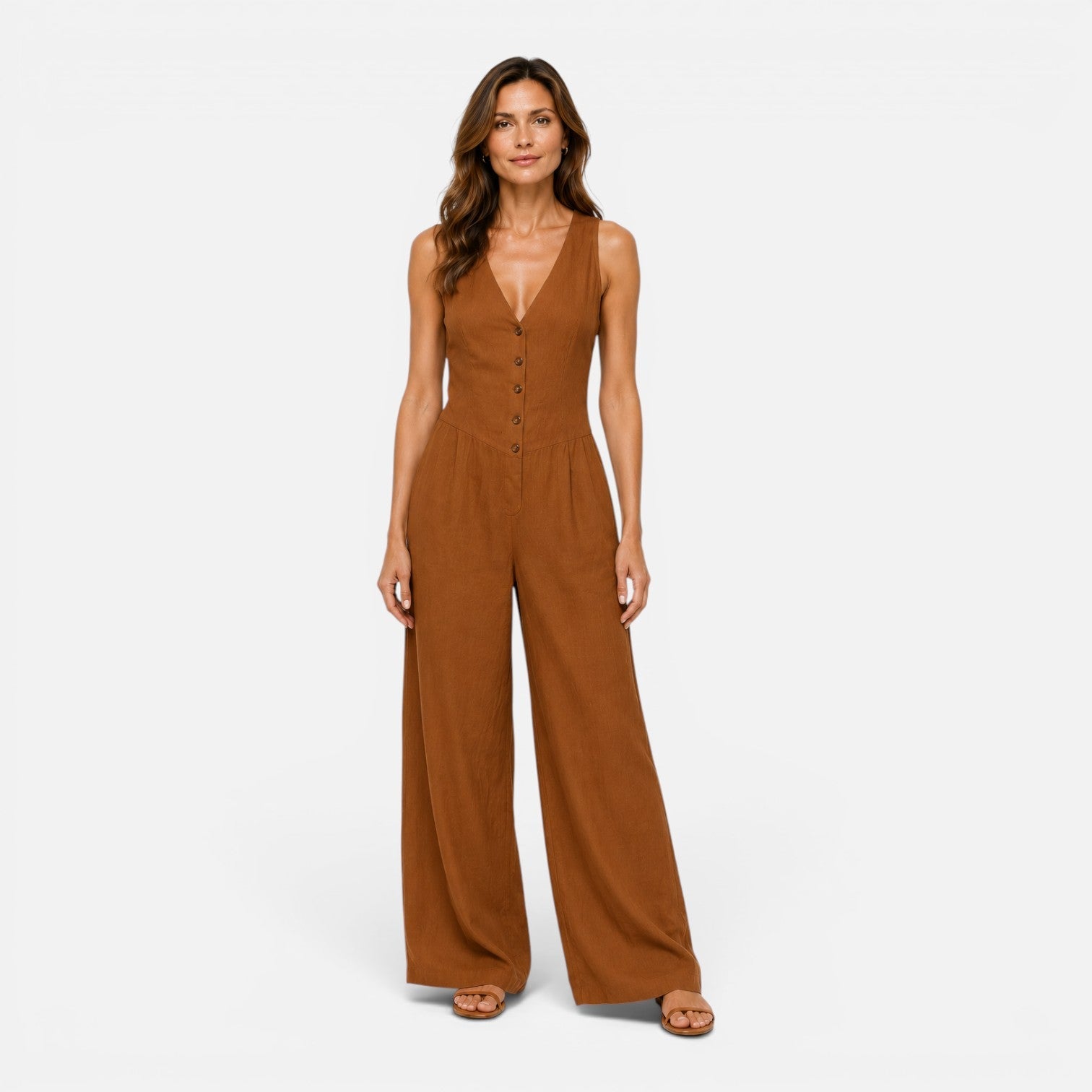 Astrid | Buksedragt Dame med V-hals og Vide Bukseben | Komfortabel One-Piece til Sommer 1