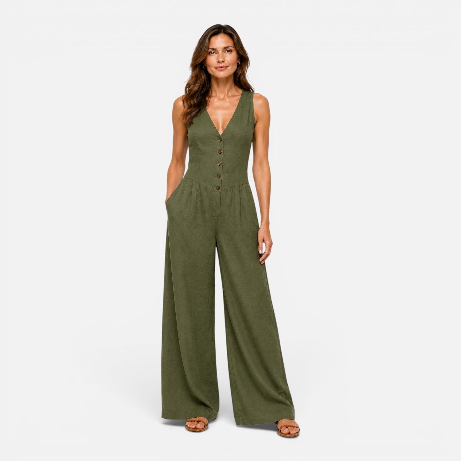 Astrid | Buksedragt Dame med V-hals og Vide Bukseben | Komfortabel One-Piece til Sommer 5
