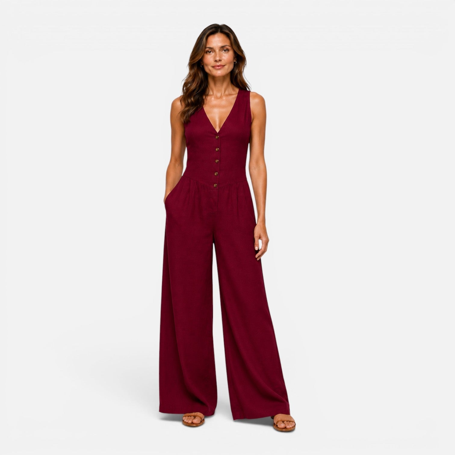 Astrid | Buksedragt Dame med V-hals og Vide Bukseben | Komfortabel One-Piece til Sommer 6