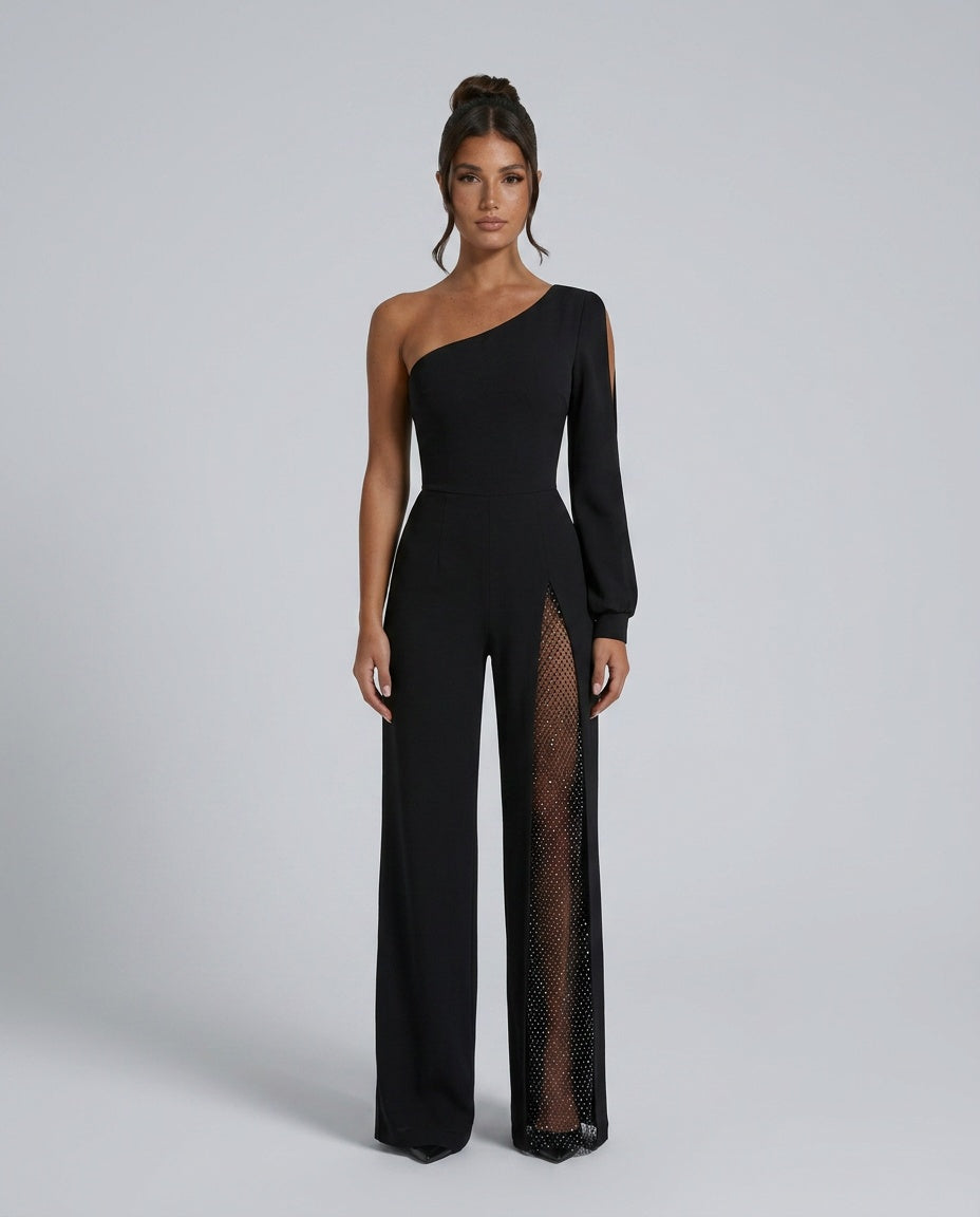 Josie Buksedragt Dame – One-Shoulder med Glimmer og Vide Ben