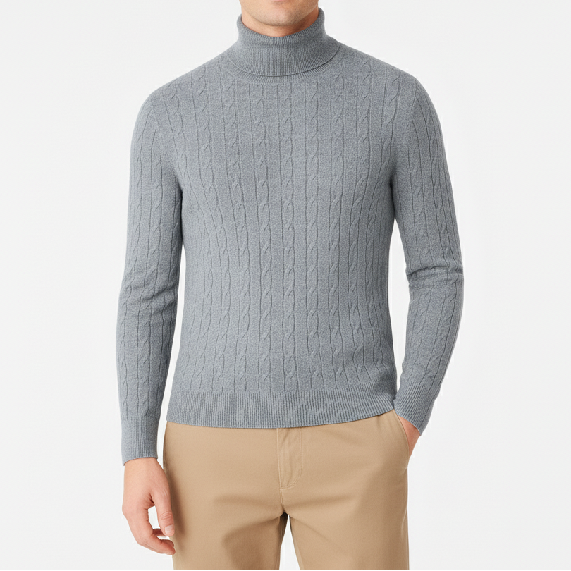Kabelstrikket Rullekrave Sweater til Herre – Blød Pullover med Afslappet Fit og Høj Krave til Hverdag og Sport 1