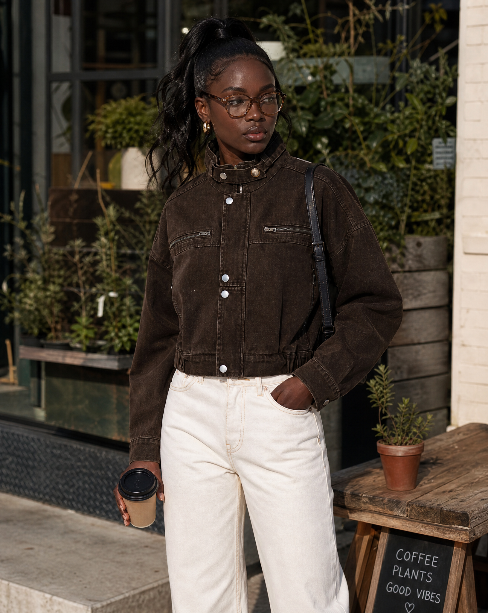 Mille | Cropped Denim Jakke Dame med Lynlås og Struktureret Snit | Varm Brun Cowboy Jakke til Forår og Sommer 3