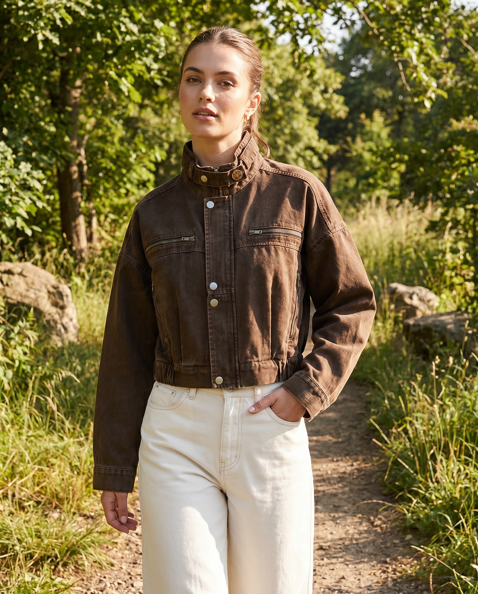 Mille | Cropped Denim Jakke Dame med Lynlås og Struktureret Snit | Varm Brun Cowboy Jakke til Forår og Sommer 2