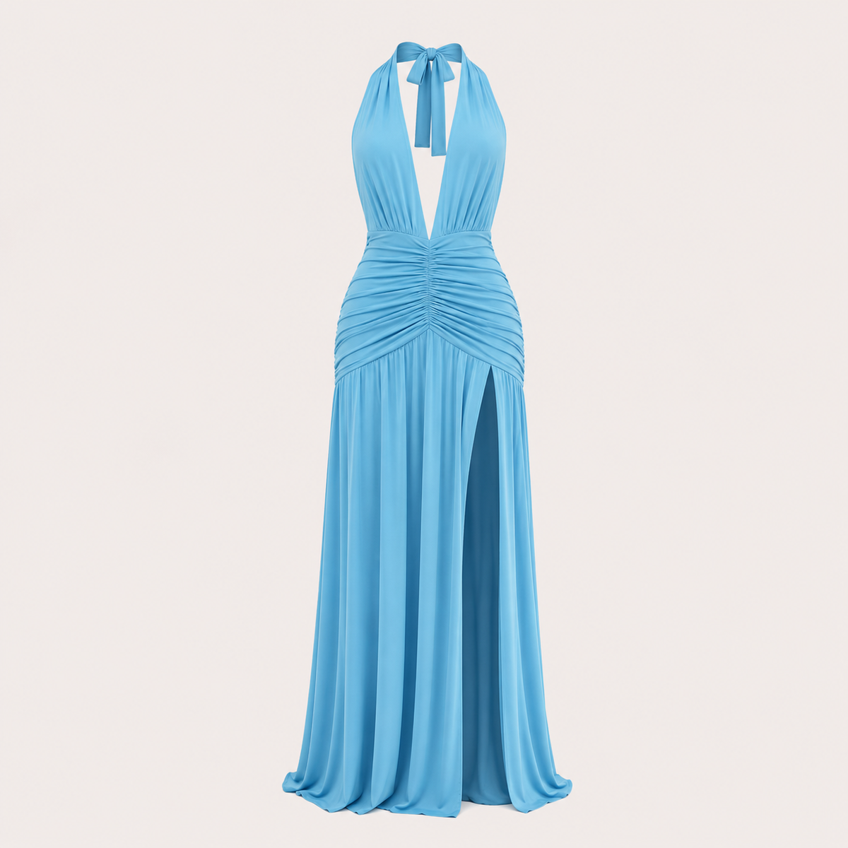 Sukienka Maxi Damska z Dekoltem Halter – Plisowana Sukienka Wieczorowa z Rozcięciem