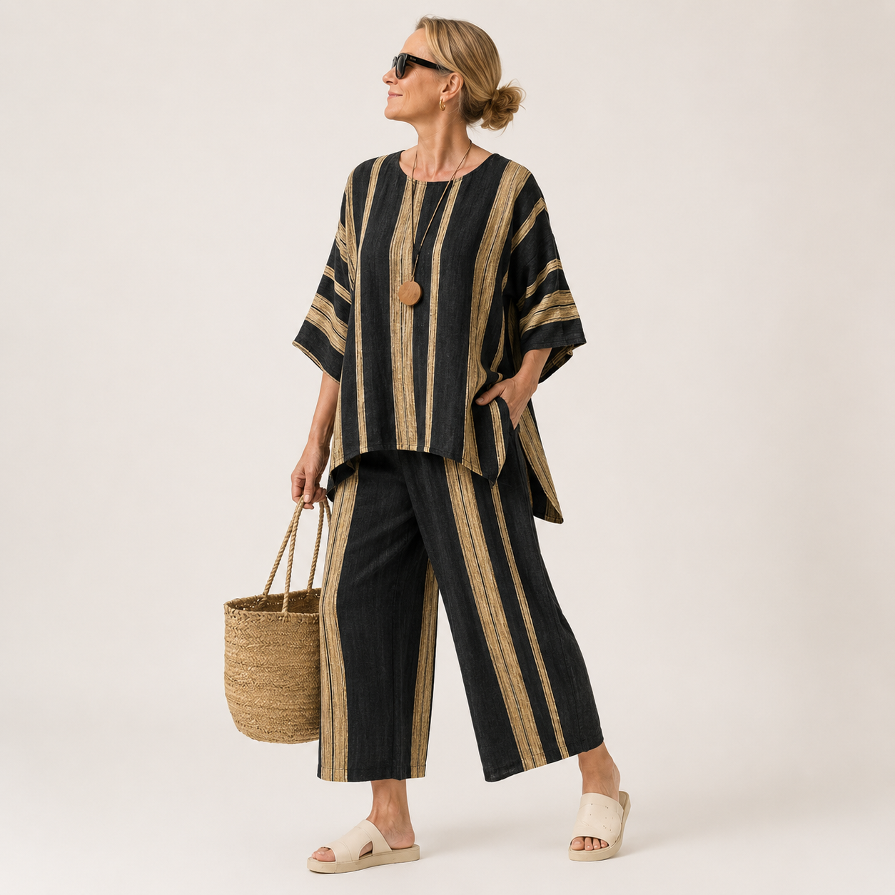 Striped Linen Two Piece Set Women – Batwing Top & Wide-Leg Pants, Black