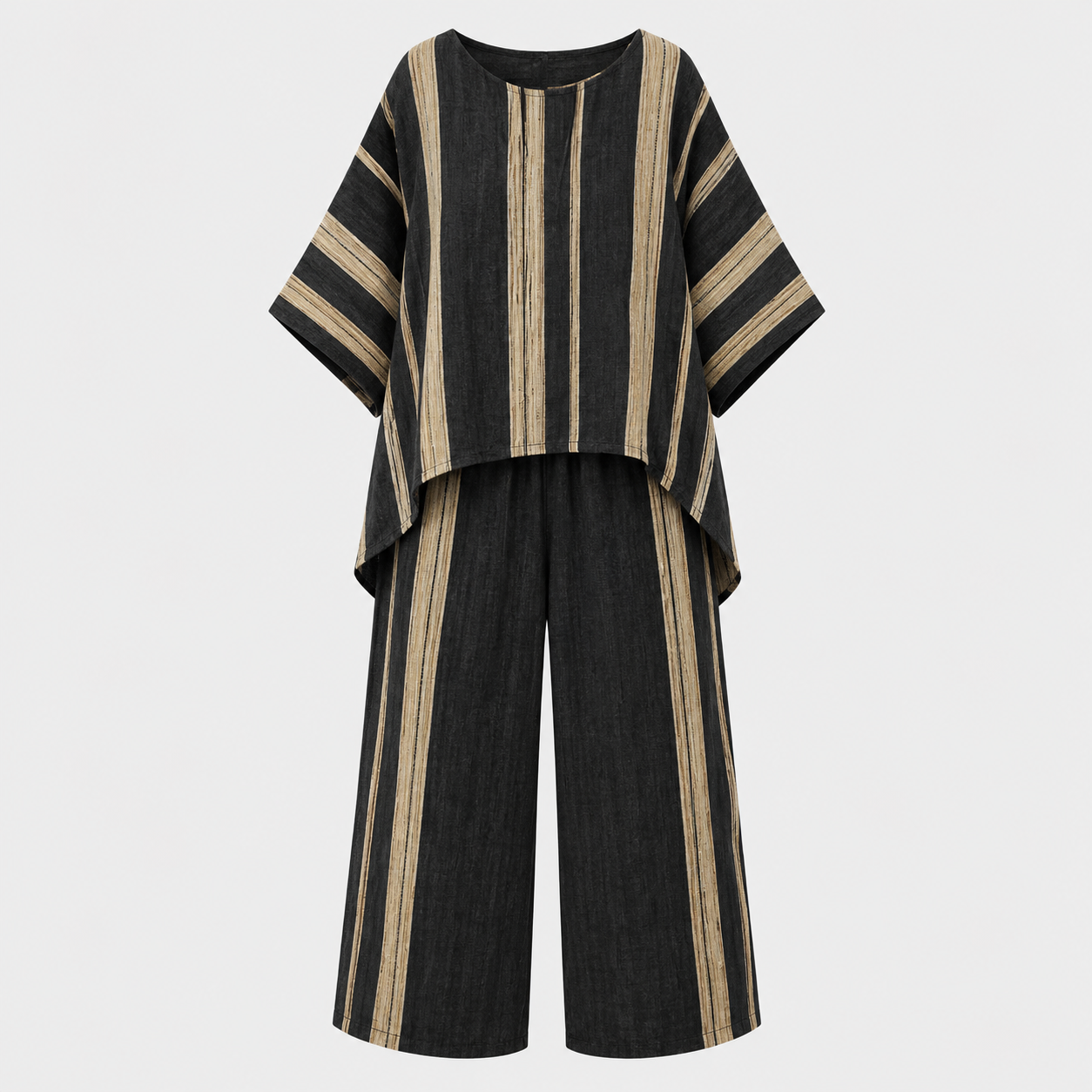 Striped Linen Two Piece Set Women – Batwing Top & Wide-Leg Pants, Black