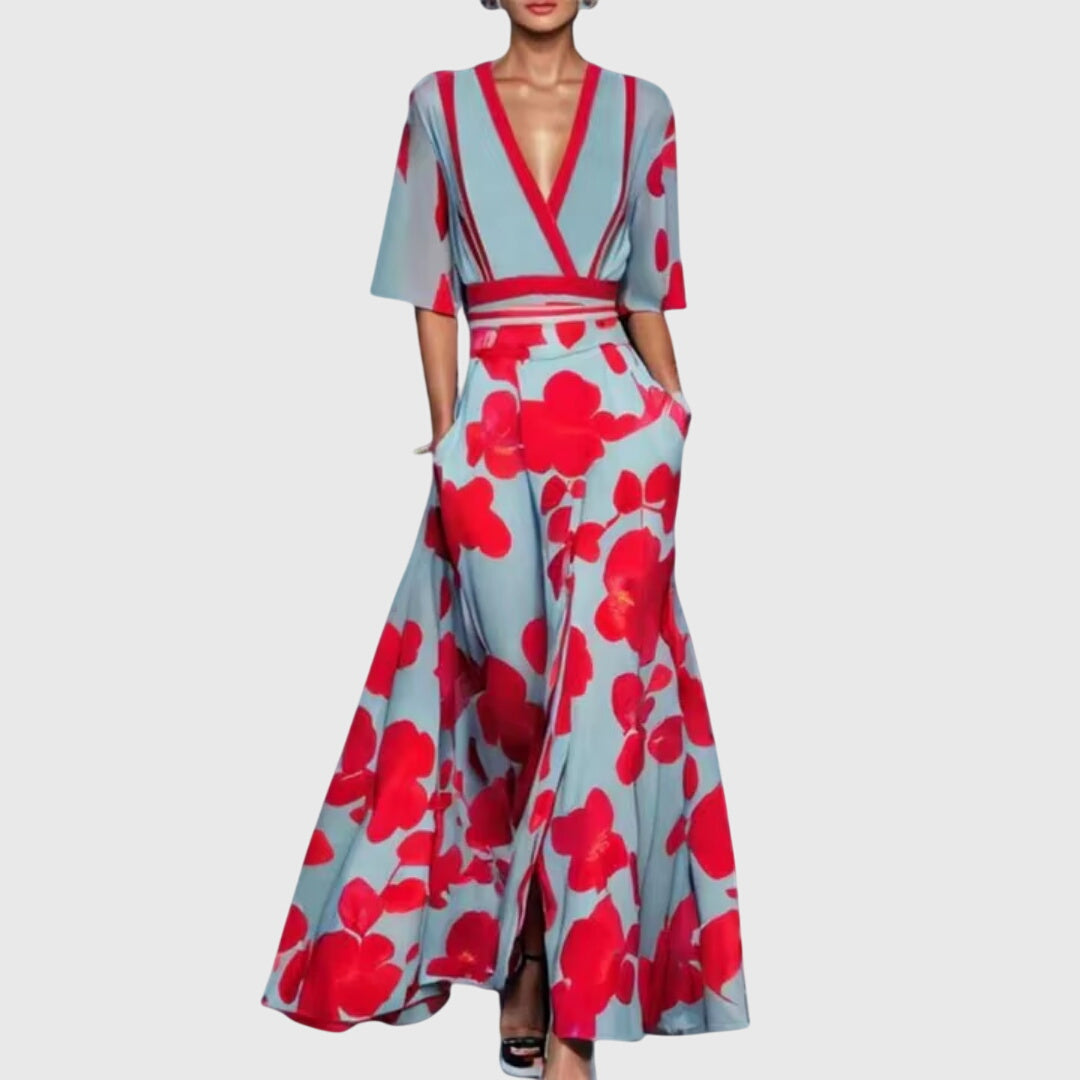 Women's Floral Maxi Dress – V-Neck Wedding Guest Dress | Flutter Sleeve Formal Occasion Gown, Blue Red
