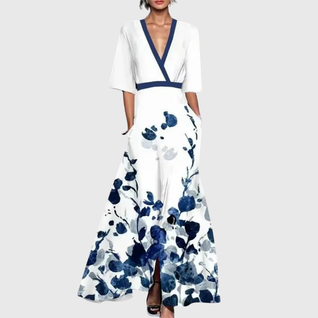 Women's Floral Maxi Dress – V-Neck Wedding Guest Dress | Flutter Sleeve Formal Occasion Gown, Blue Red