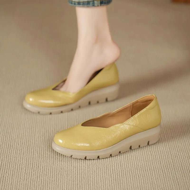 Women's Ballet Flats – Leather Round Toe Comfort Shoes | Cushioned Slip On Flats, Yellow