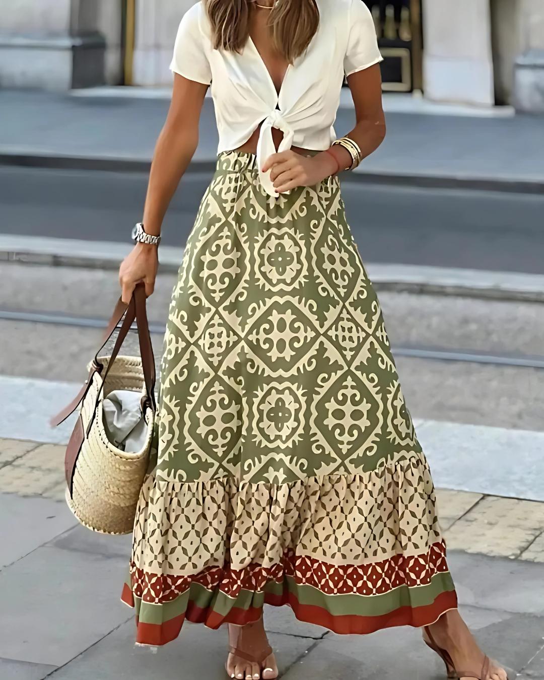 Boho Maxinederdel | Etnisk Mønster med Dekorativ Volant | Komfortabel Sommerstil 3