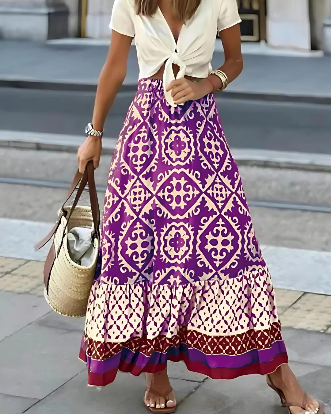 Boho Maxinederdel | Etnisk Mønster med Dekorativ Volant | Komfortabel Sommerstil 2