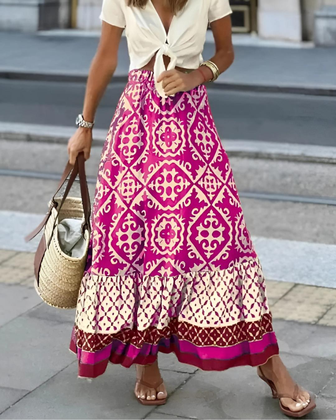 Boho Maxinederdel | Etnisk Mønster med Dekorativ Volant | Komfortabel Sommerstil 1