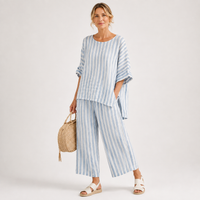 Striped Linen Two Piece Set Women – Blue & White Wide-Leg Cropped Set