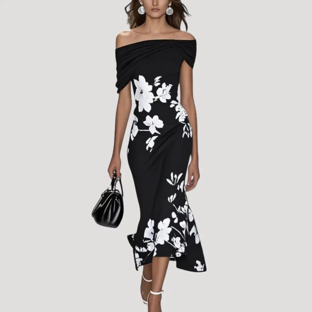 Bianca Midi Kjole Dame Off-Shoulder Blomstret – Fitted Stræk Fest Panorla
