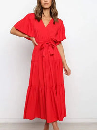 Katrine Midi Dress Women V-Neck – Layered Bow Waist Summer