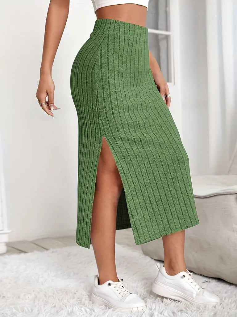 Ribstrikket Midi Nederdel med Høj Slids | Tætsiddende Bodycon Design for Komfort og Stil 1
