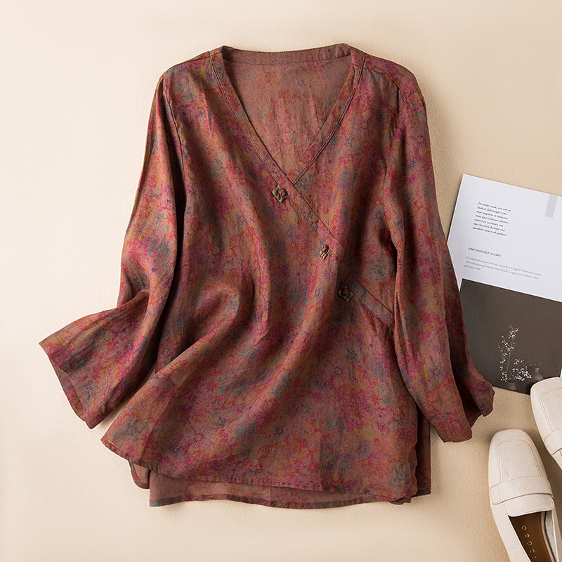 Paisley Bluse Dame – V-Hals Langærmet Hverdagsbluse