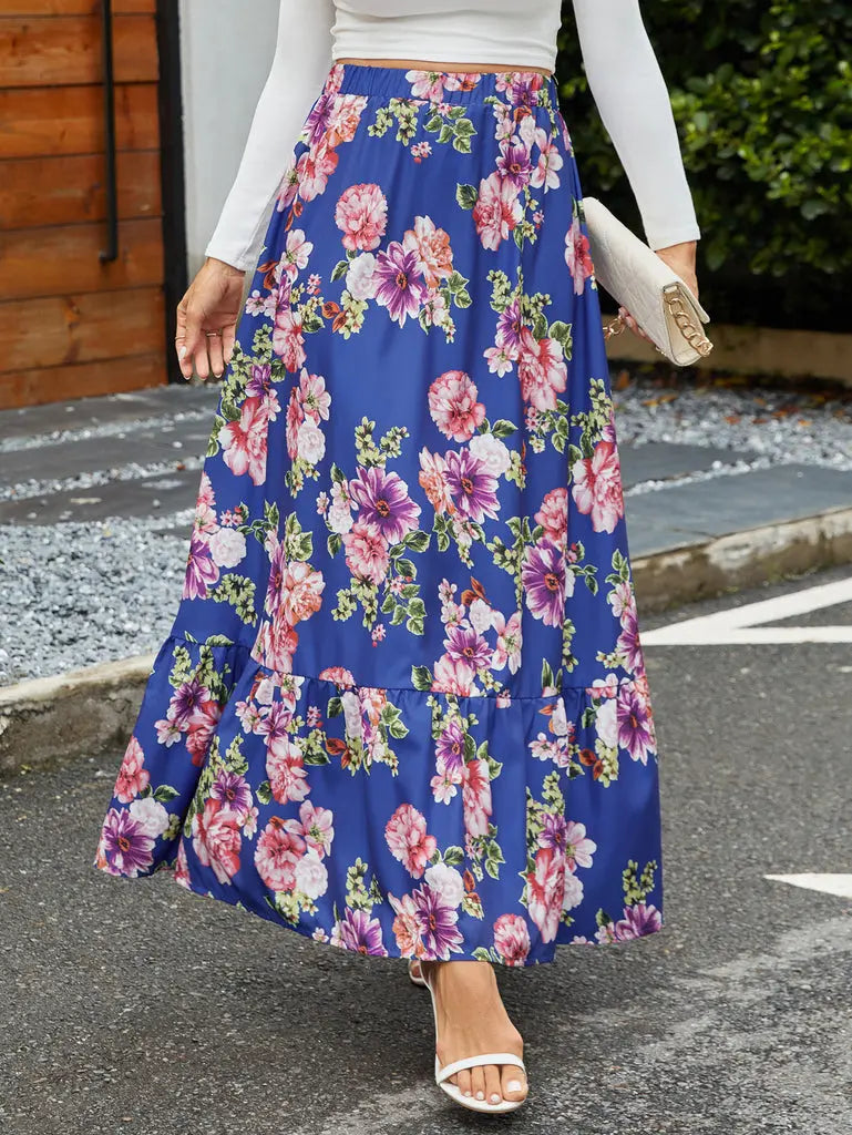 Elegant Maxinederdel | Blomsterprint med Elastisk Talje | Let Sommernederdel til Damer 1