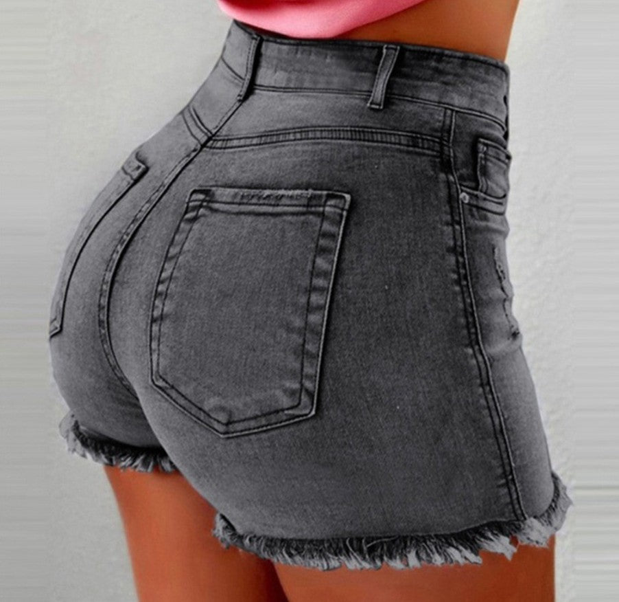 Højtaljede Denim Shorts Dame – Flossede Vaskede Jeans Shorts