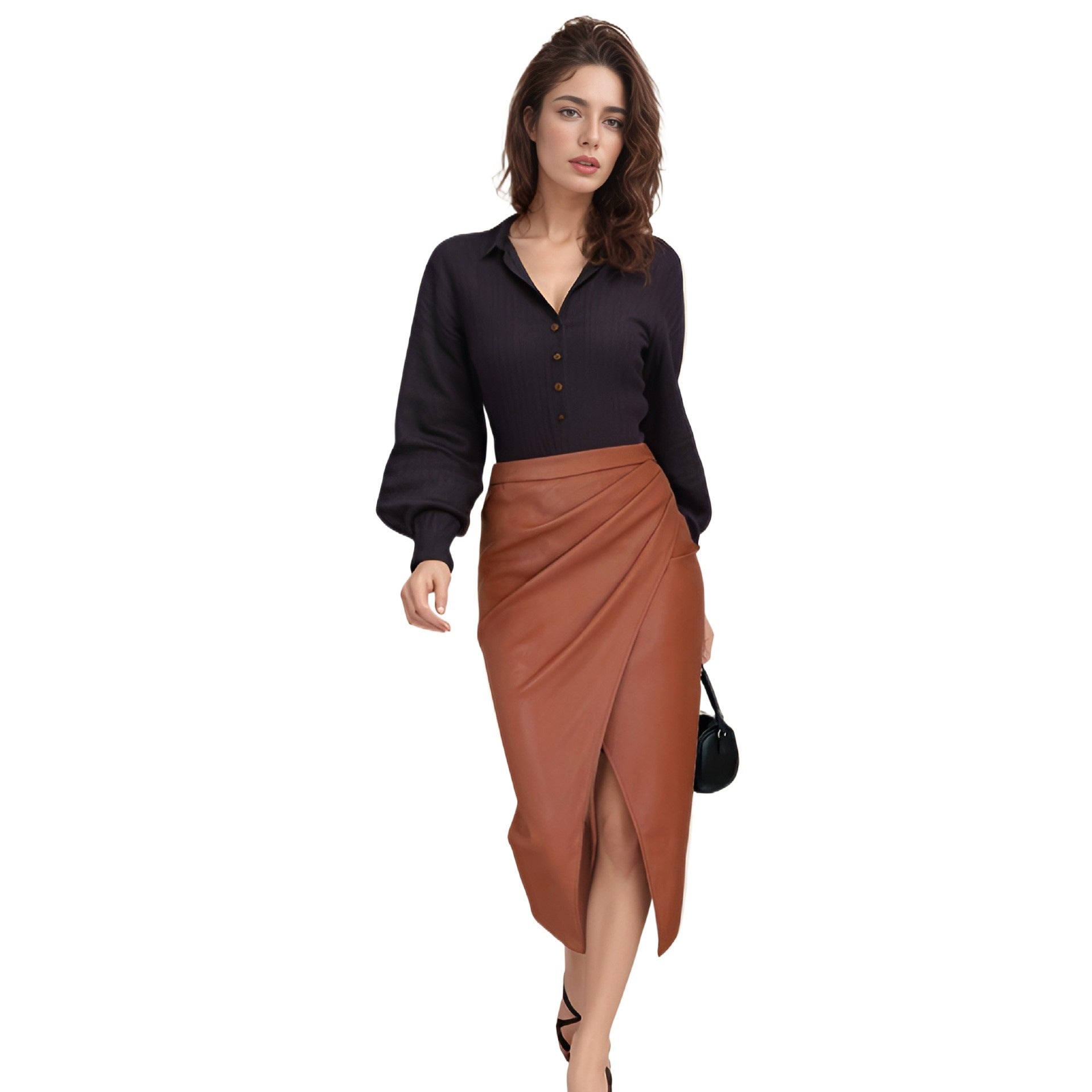 Elegant Midi Nederdel i Læderlook med Drapering og Slids | Flatterende Pencil Pasform til Arbejde og Aftenbrug 4