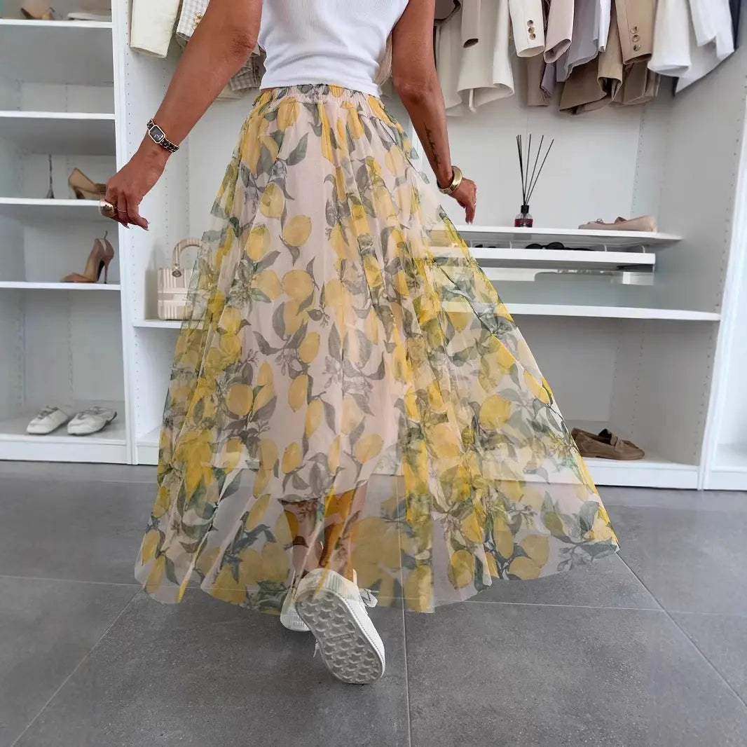 Chiffon Maxi Nederdel med Elastisk Talje & Citronprint | Let og Luftig Sommerstil 2
