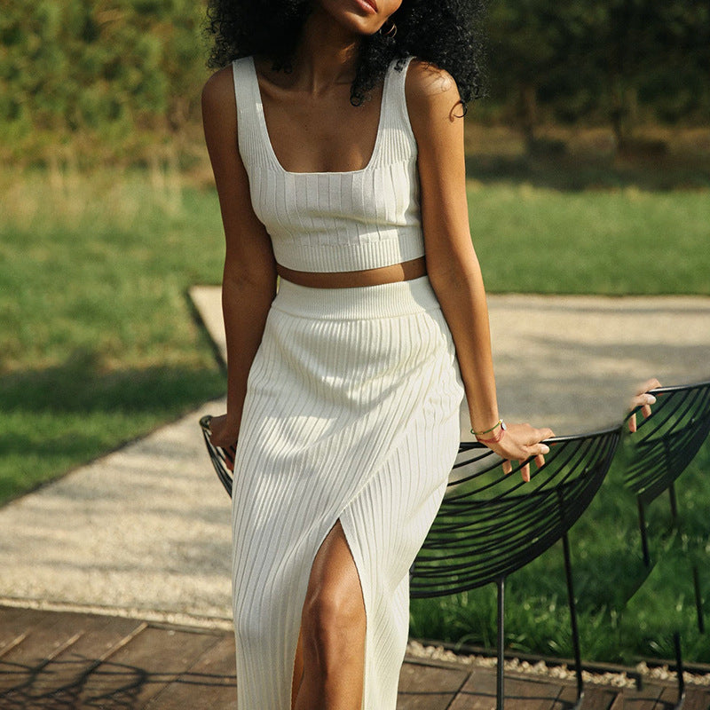 Ribstrikket Maxi Nederdel med Høj Talje og Slids | Elegant Design til Hverdag og Aften 2