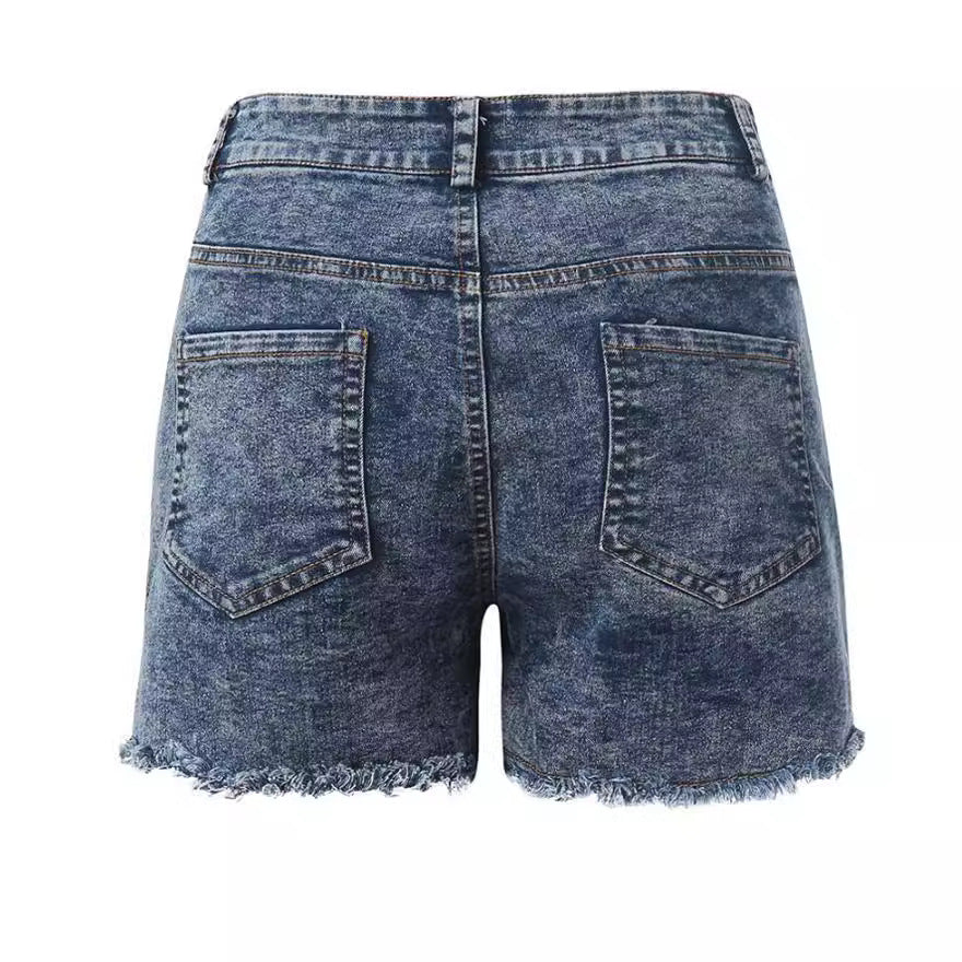 Højtaljede Denim Shorts Dame – Flossede Vaskede Jeans Shorts