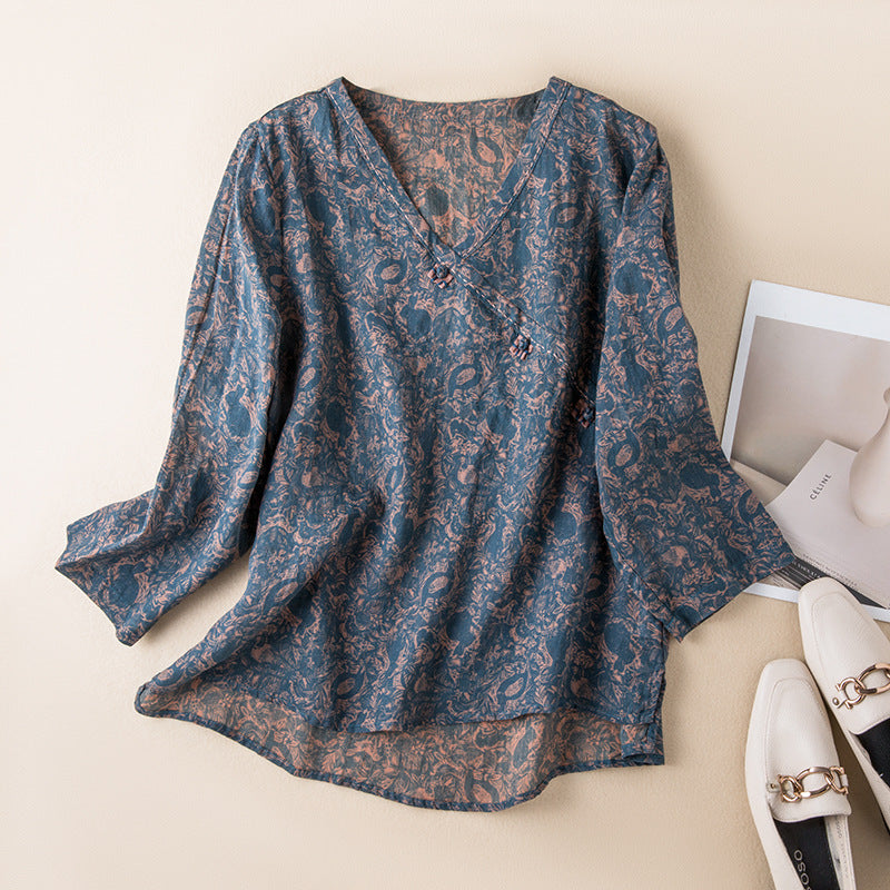Paisley Bluse Dame – V-Hals Langærmet Hverdagsbluse