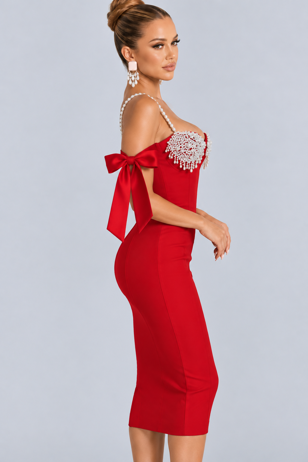 Zdobiona Sukienka Midi Damska – Perłowe Ramiączka, Bodycon na Imprezę