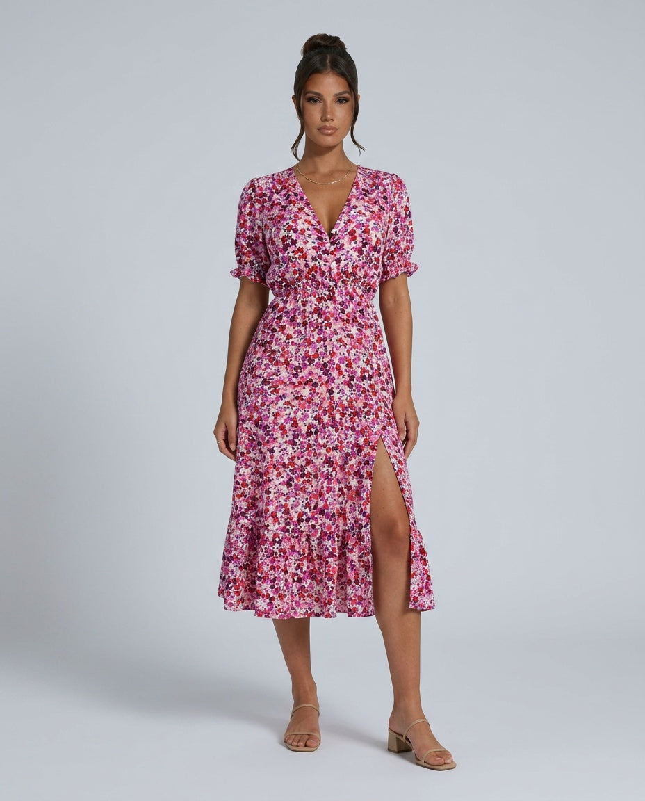 Blomstret Maxikjole Dame – V-Hals med Knapper Fortil