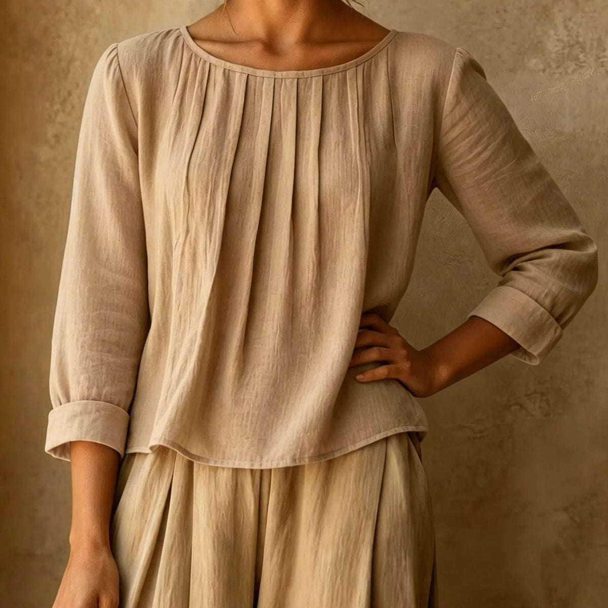 Linned Bluse Dame med Plissé – Trekvart Ærmer Sommerbluse
