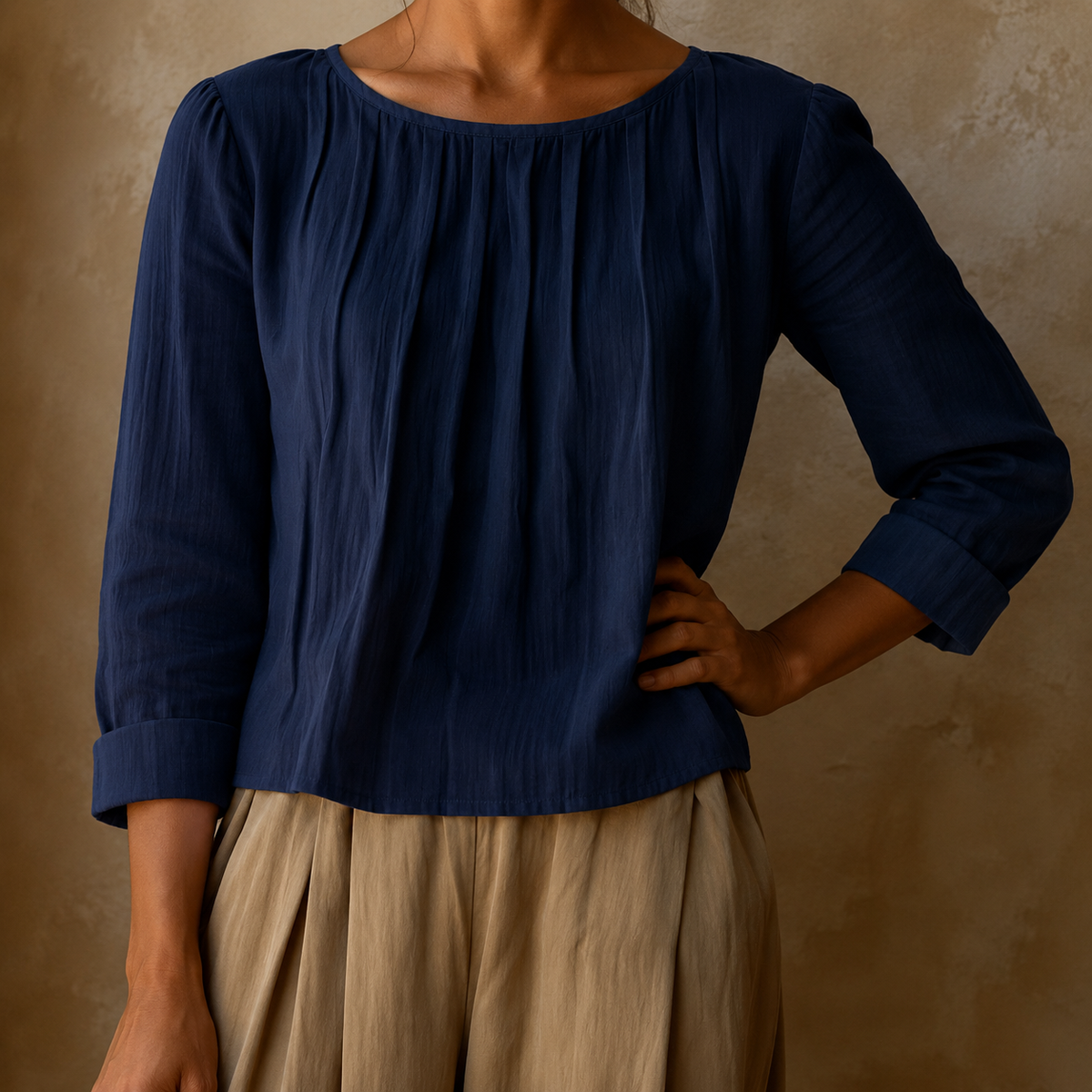 Linned Bluse Dame med Plissé – Trekvart Ærmer Sommerbluse